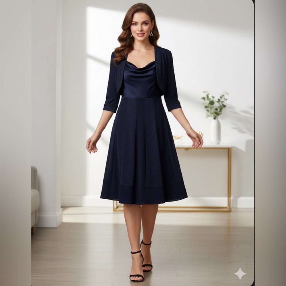 R&M Richards Midnight Blue Long Sleeve Dress with Bolero